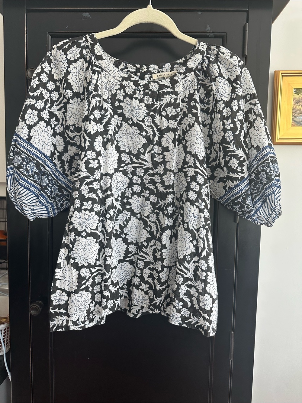 Navy & White Floral Batik Block Print Top